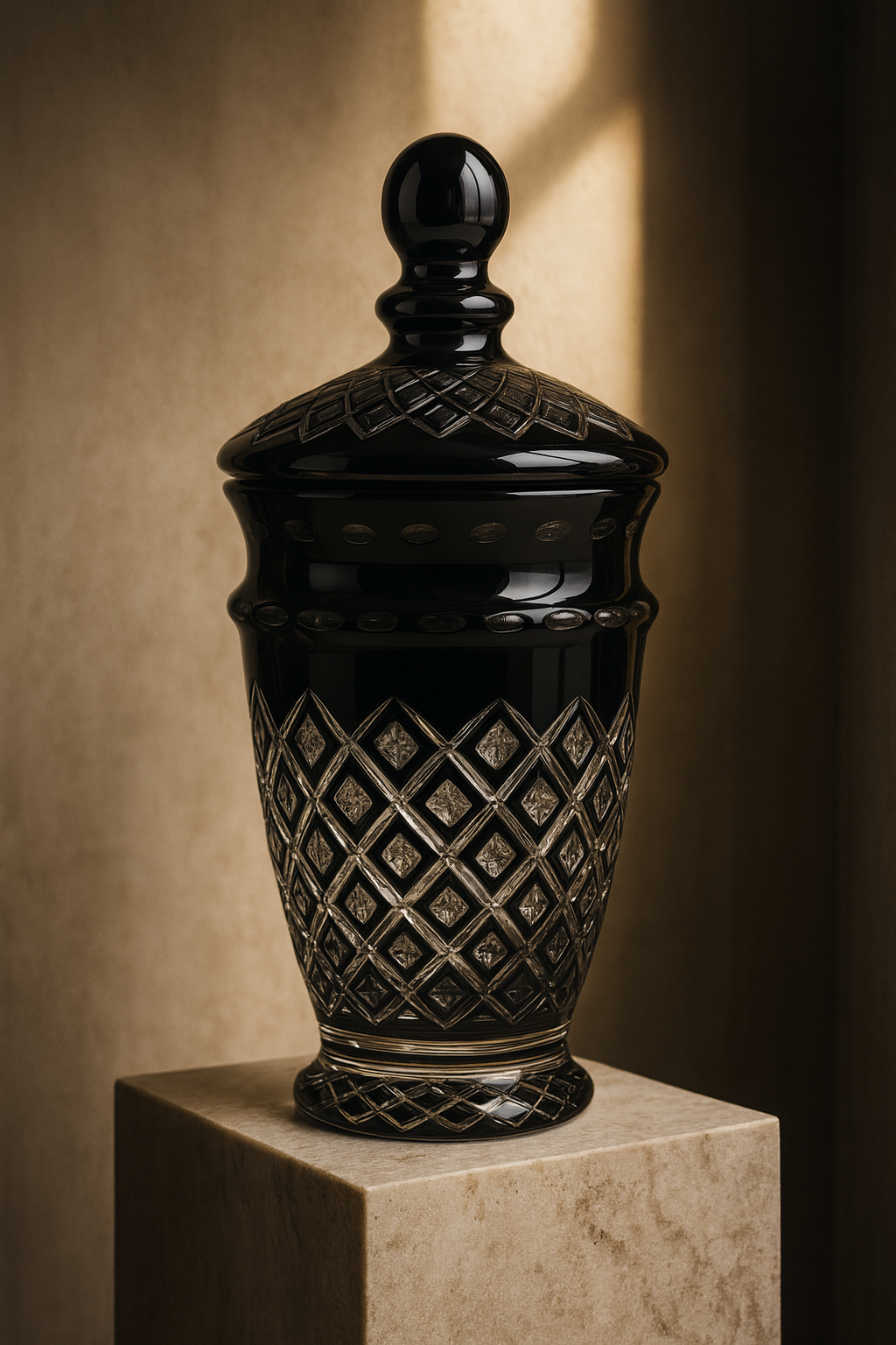 {{ vendor }} Noctura Obsidian Lidded Vase — handcrafted luxury glassware