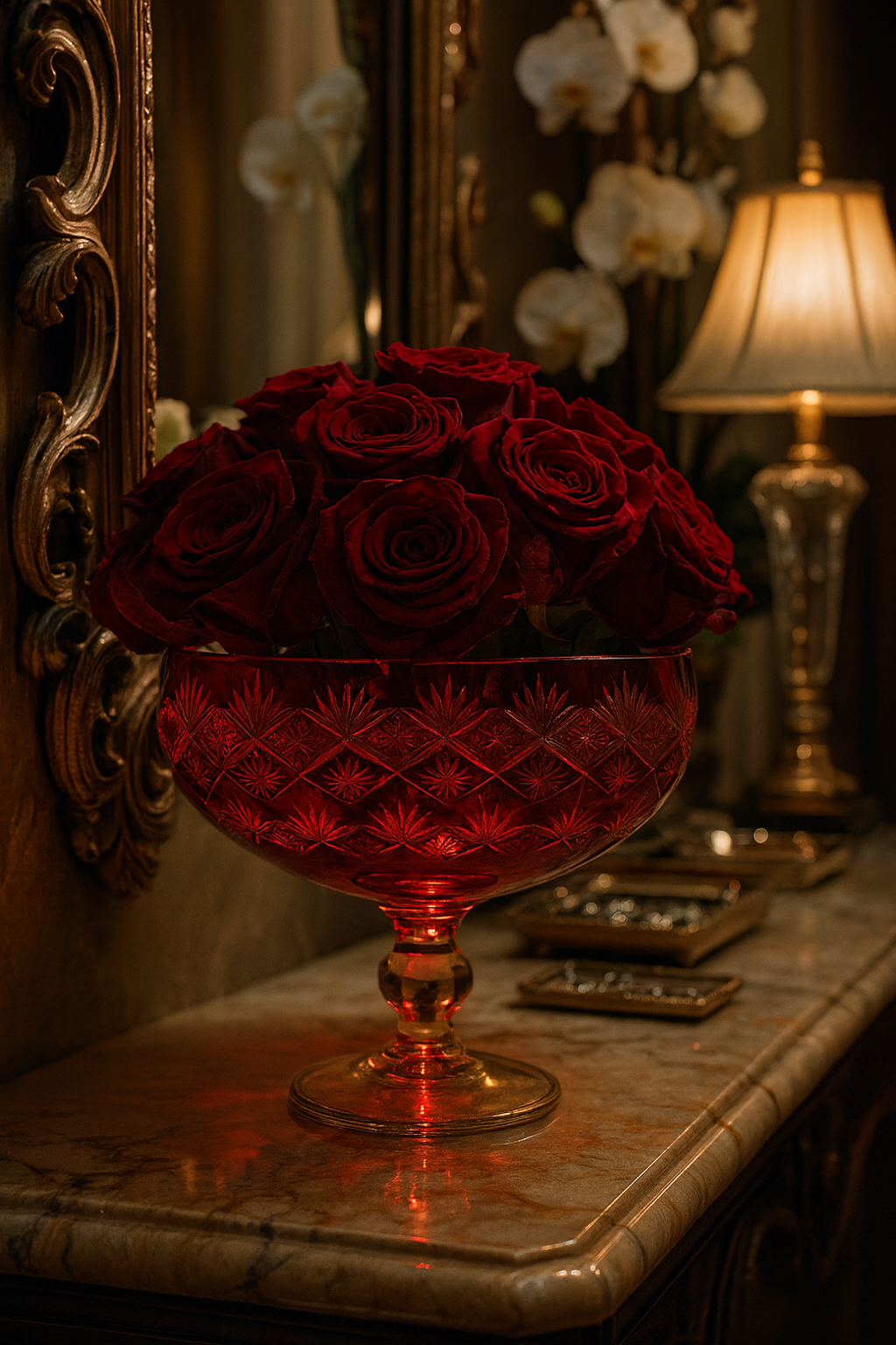 {{ vendor }} Coronet Pedestal Bowl (Crimson Red) — handcrafted luxury glassware