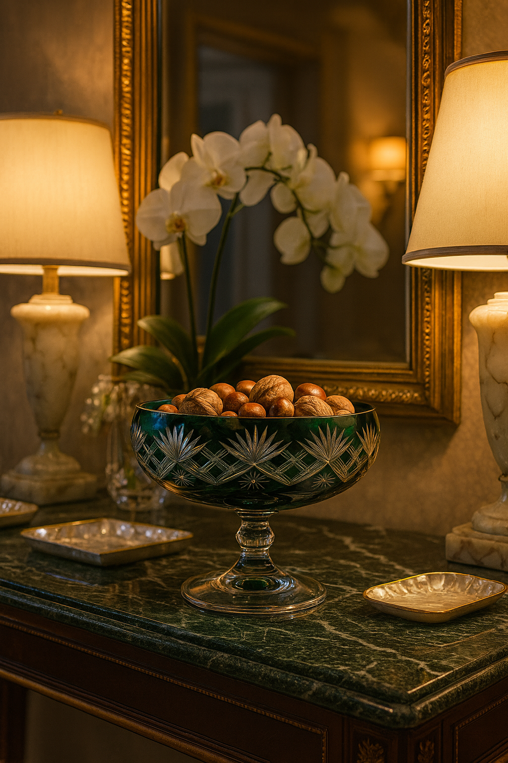 {{ vendor }} Coronet Pedestal Bowl (Sylvan Emerald) — handcrafted luxury glassware
