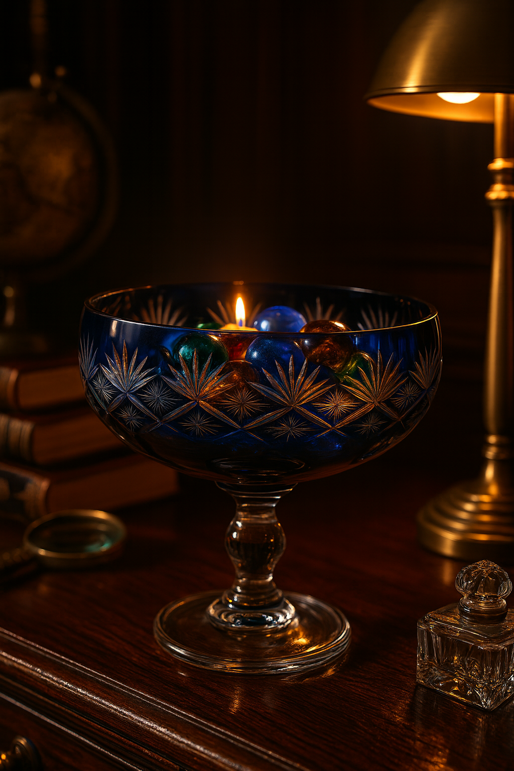 {{ vendor }} Coronet Pedestal Bowl (Midnight Sapphire) — handcrafted luxury glassware