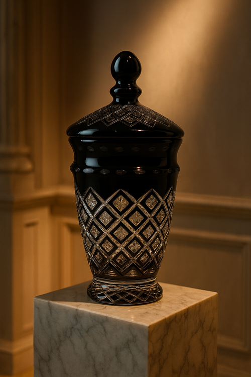 {{ vendor }} Noctura Obsidian Lidded Vase — handcrafted luxury glassware