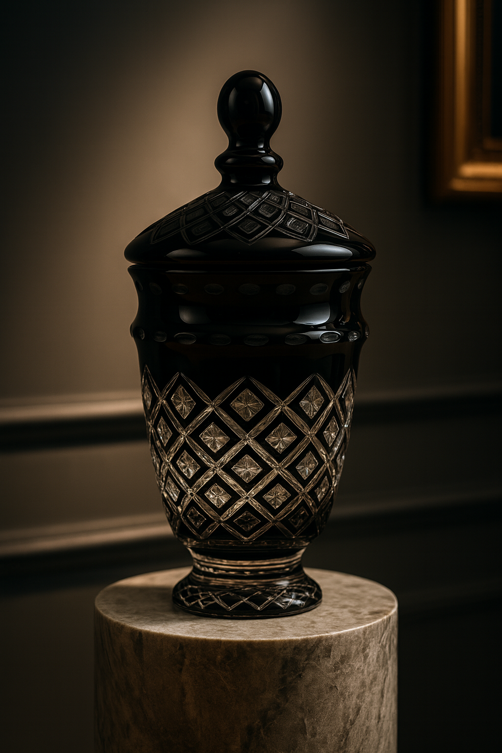 {{ vendor }} Noctura Obsidian Lidded Vase — handcrafted luxury glassware