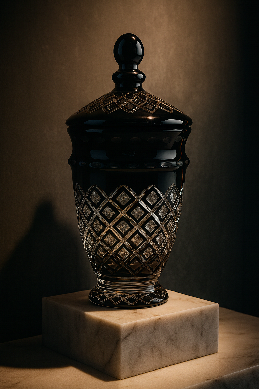 {{ vendor }} Noctura Obsidian Lidded Vase — handcrafted luxury glassware