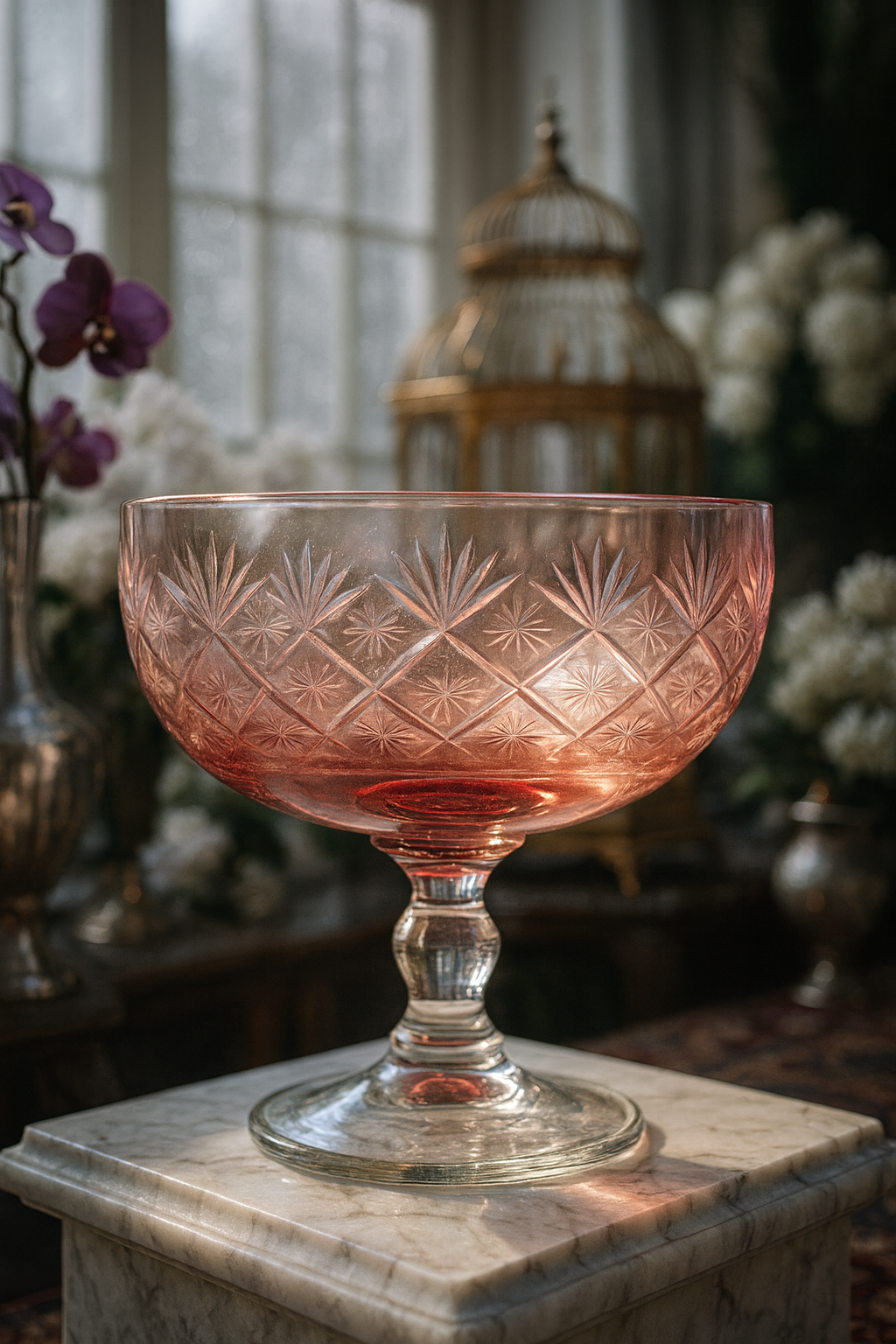 {{ vendor }} Coronet Pedestal Bowl (Orchid Rosé) — handcrafted luxury glassware