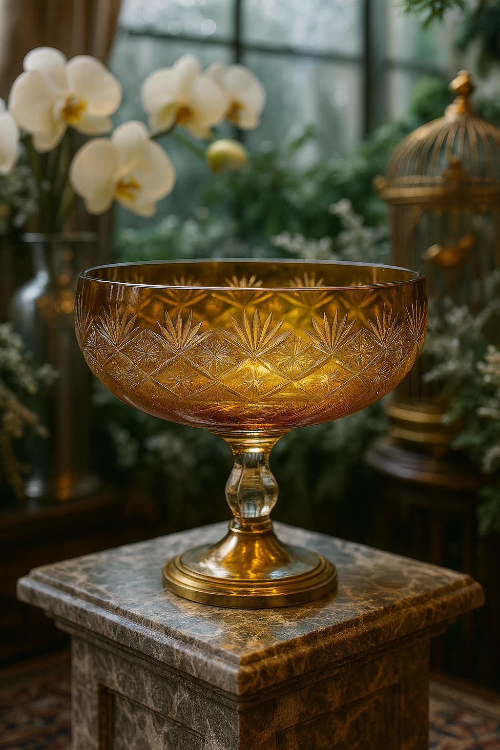 {{ vendor }} Coronet Pedestal Bowl (Sunlit Amber) — handcrafted luxury glassware